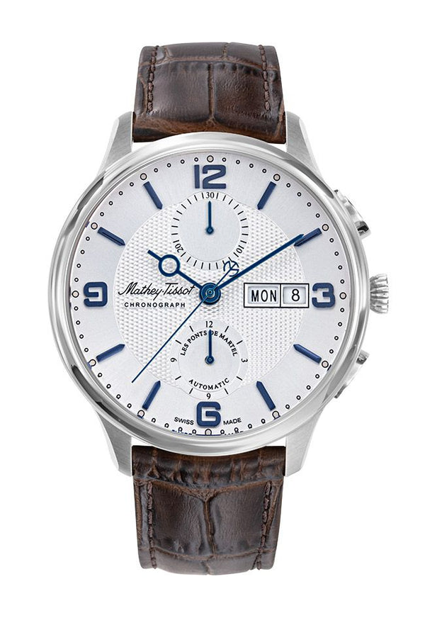 Mathey-Tissot Edmond Chrono Auto Stainless Steel / Brown Leather & White Dial H1886CHATAI