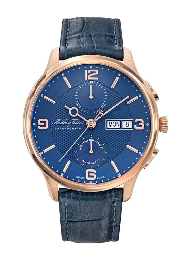 Mathey-Tissot Edmond Chrono Auto Rose Gold / Blue Leather & Dial H1886CHATPBU