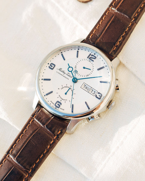 Mathey-Tissot Edmond Chrono Auto Stainless Steel / Brown Leather & White Dial H1886CHATAI