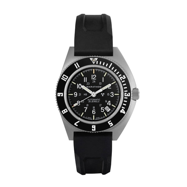 Marathon Watch 41mm Steel Navigator w/ Date Automatic (SSNAV-D AUTO) on Black 3-Piece Rubber Strap Kit